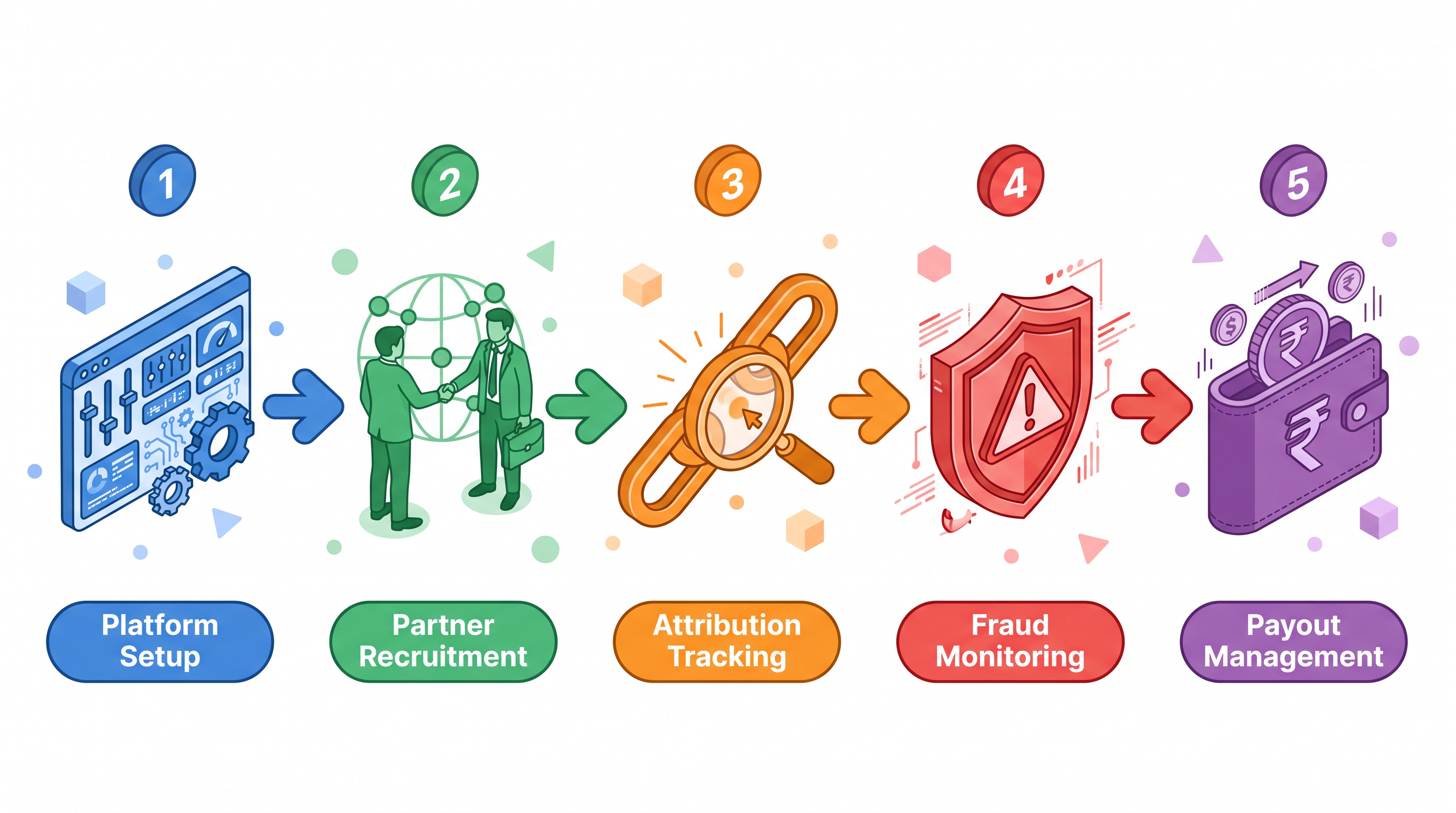 Affiliate marketing process: platform setup, partner recruitment, attribution tracking, fraud monitoring, payout management