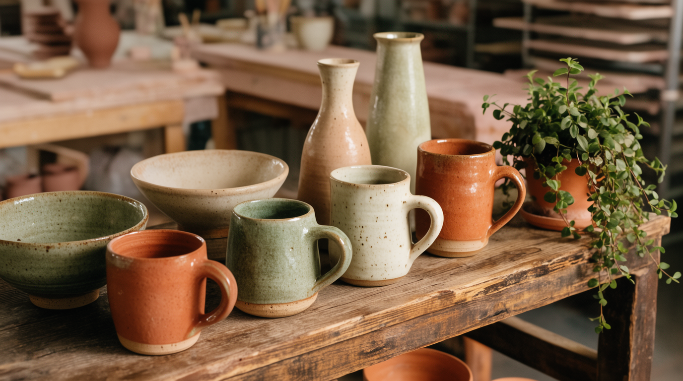 Handmade ceramic pottery displayed on a wooden shelf