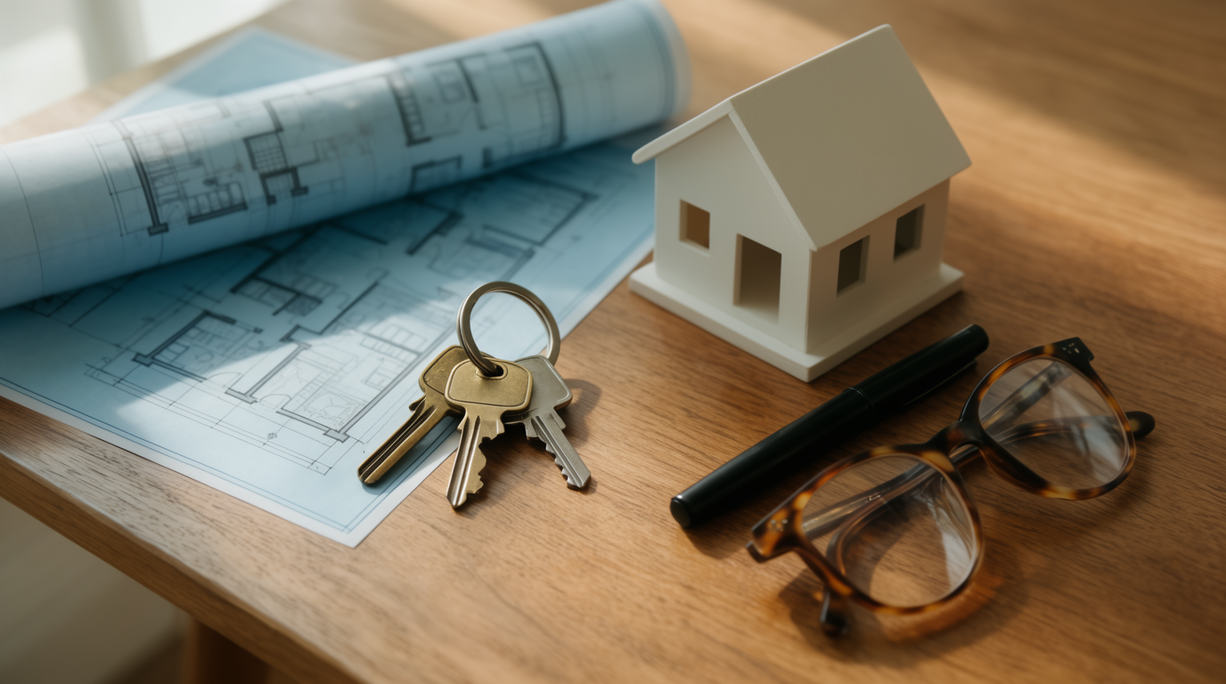 House keys, an architectural blueprint, and a model house