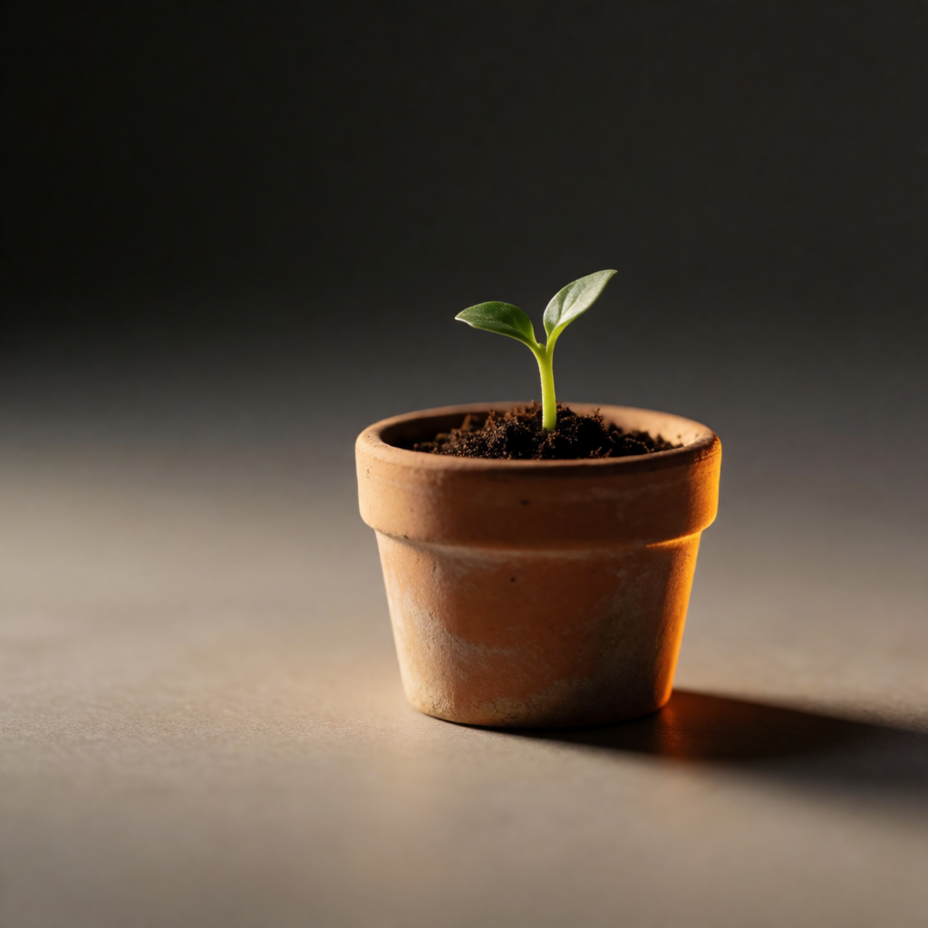 Green plant sprout growing from soil in a terracotta pot representing the Bhuvanam Greens website case study