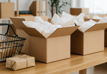 Wide shot of an e-commerce packing desk with shipping boxes and a shopping basket