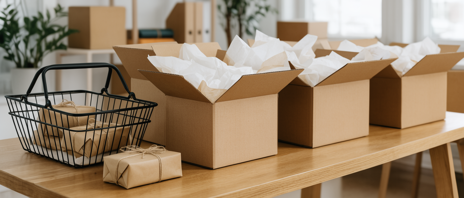 Wide shot of an e-commerce packing desk with shipping boxes and a shopping basket