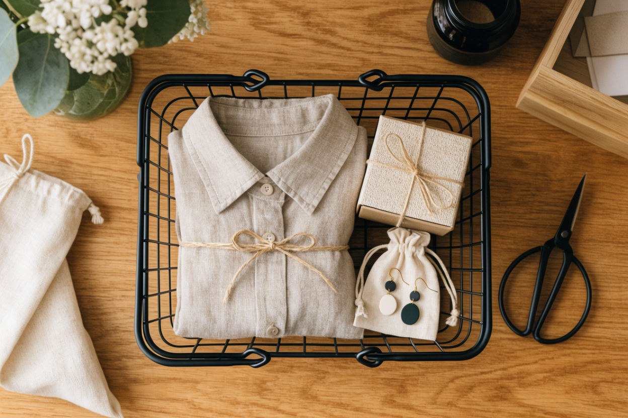 Shopping basket with wrapped products beside a phone and laptop on a desk