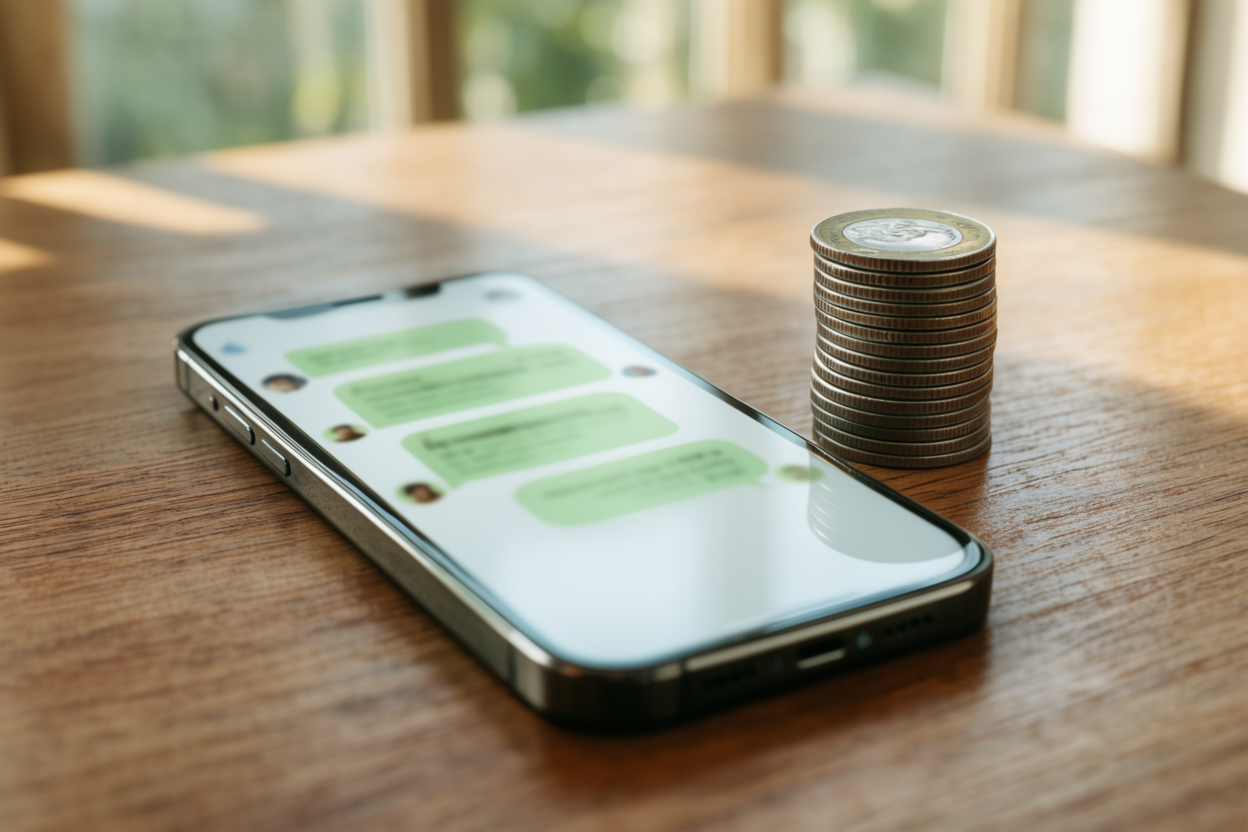 A photorealistic close-up shot of a wooden desk showing a smartphone displaying a softly blurred, illegible order-confirmation chat bubble