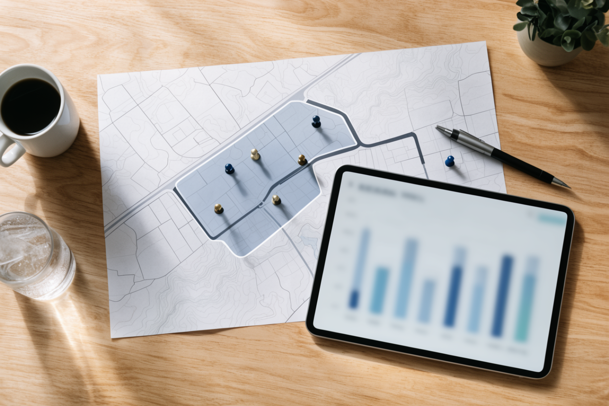 A photorealistic overhead flat-lay shot of a desk showing a paper delivery route map with a few pins and a highlighted region, partially