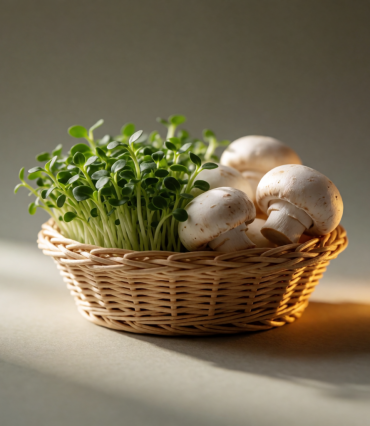 Wicker basket of fresh microgreens and mushrooms representing the KVG Agri Farm case study