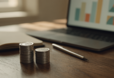 Wide shot of two stacks of coins beside a blurred laptop showing bar graphs