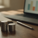 Wide shot of two stacks of coins beside a blurred laptop showing bar graphs