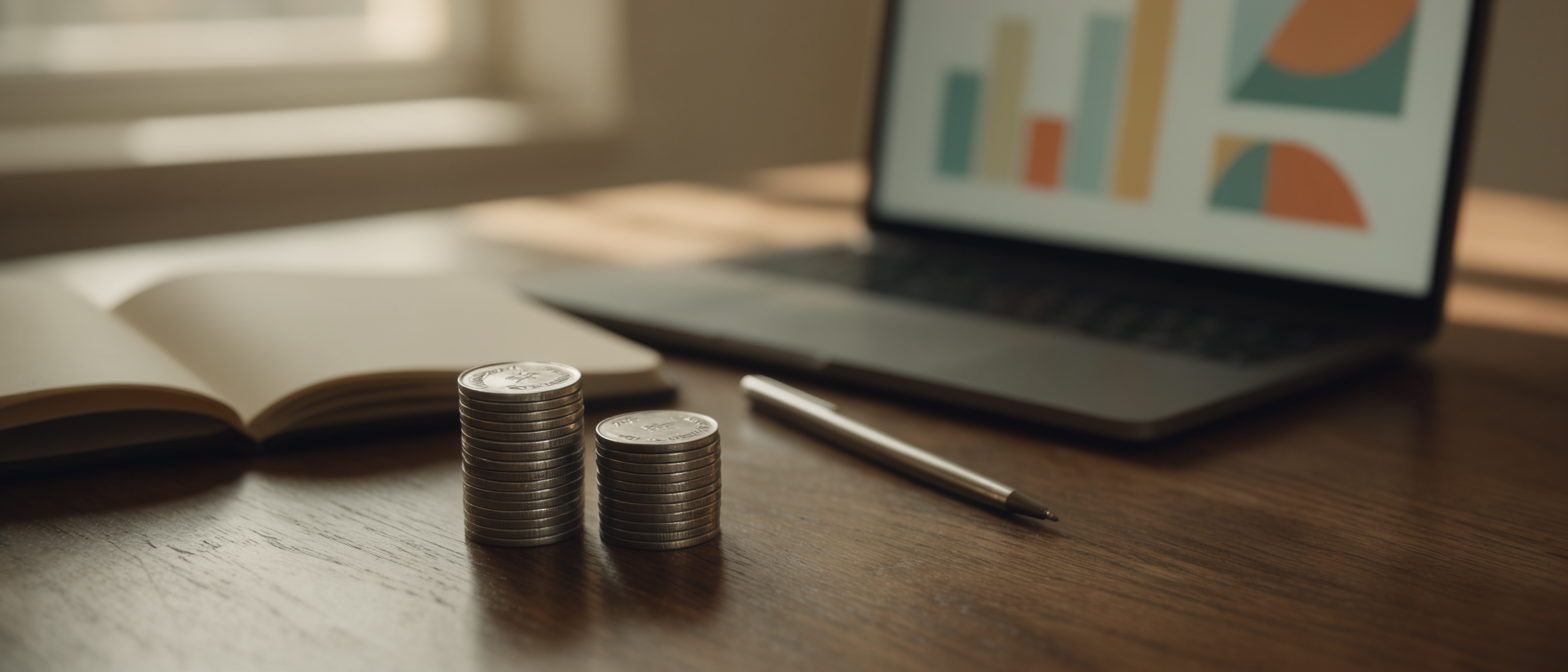 Wide shot of two stacks of coins beside a blurred laptop showing bar graphs