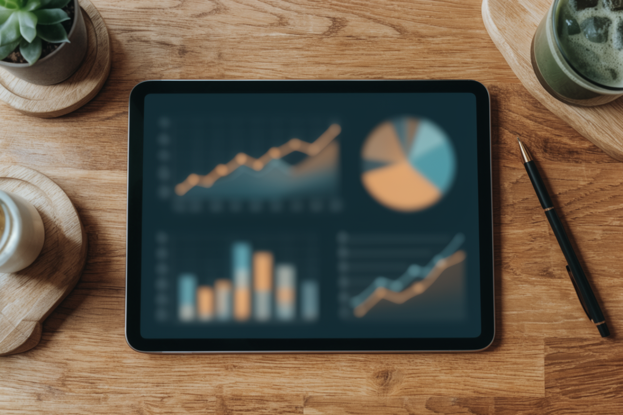 Tablet showing a blurred marketing dashboard beside a notebook and coffee on a desk