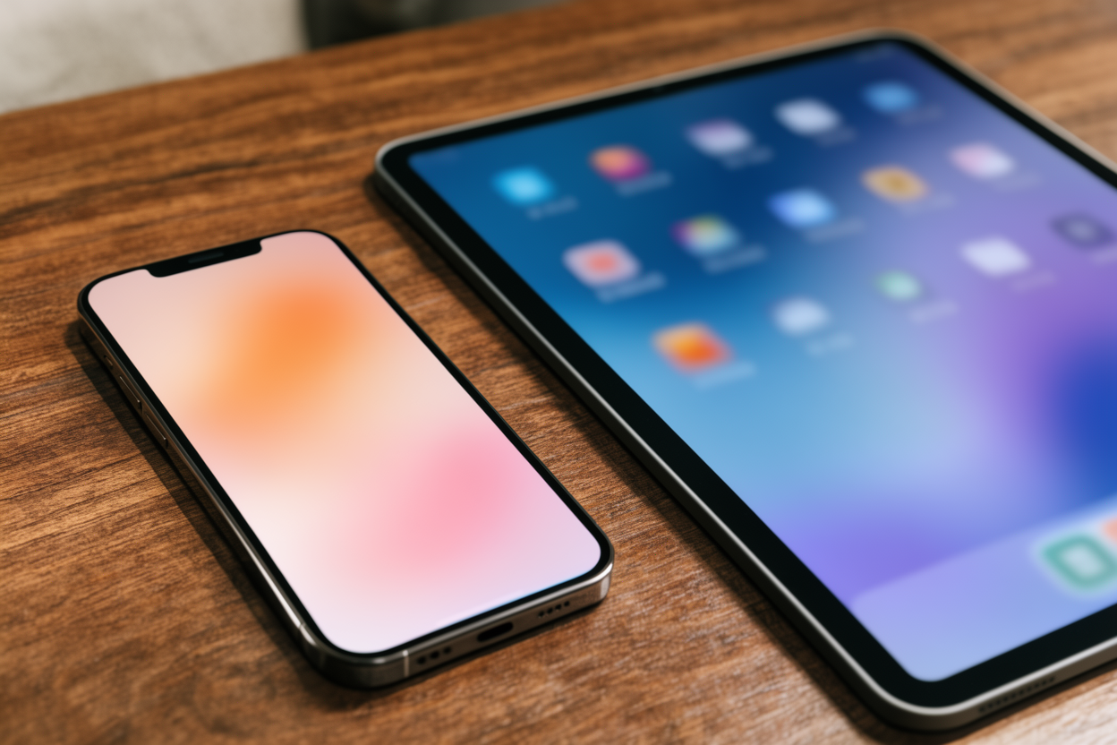 Smartphone and tablet side by side showing blurred colorful app interfaces