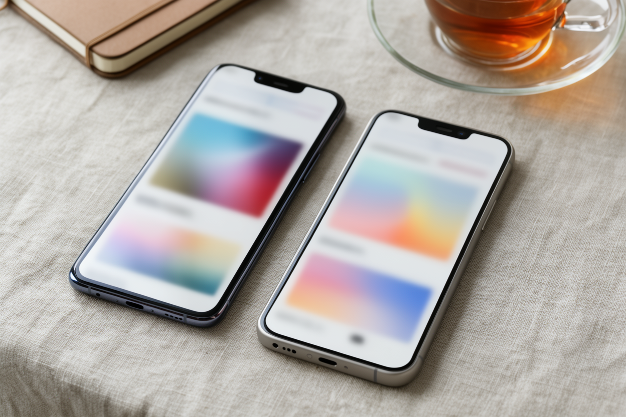 A photorealistic close-up desk scene of two different smartphones placed side by side on a linen tablecloth, each screen glowing with a