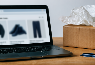 Wide desk shot with a laptop, packed shipping box, and credit card