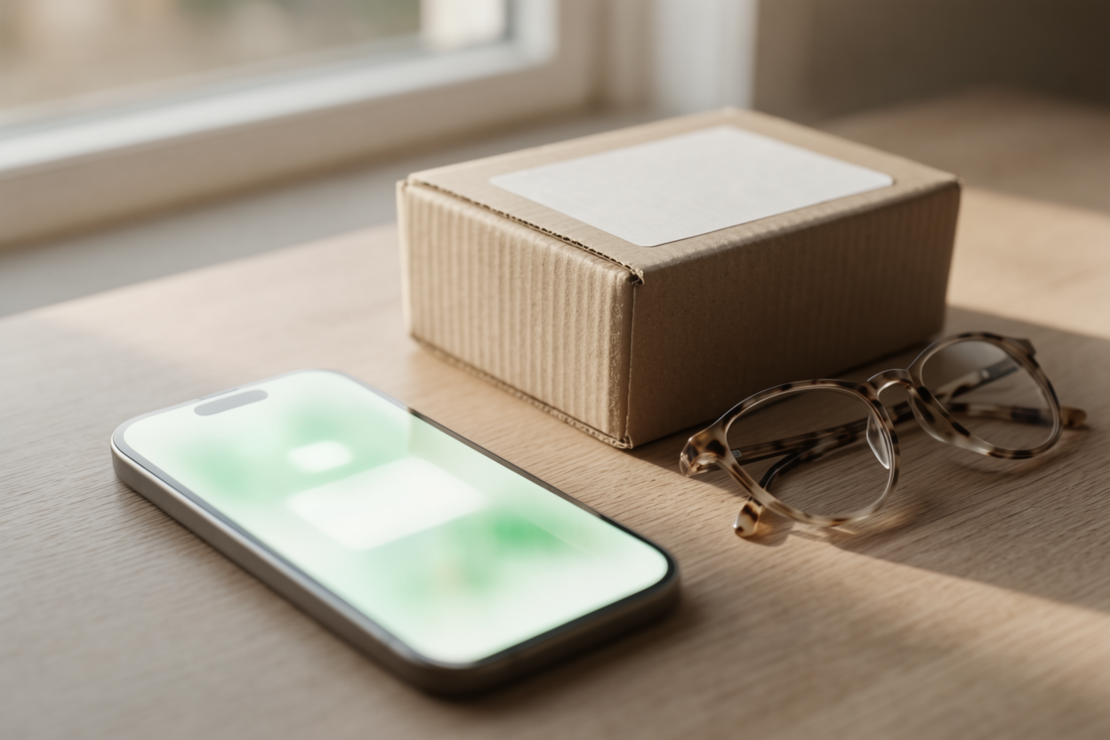 Smartphone showing a blurred payment confirmation beside a sealed shipping box
