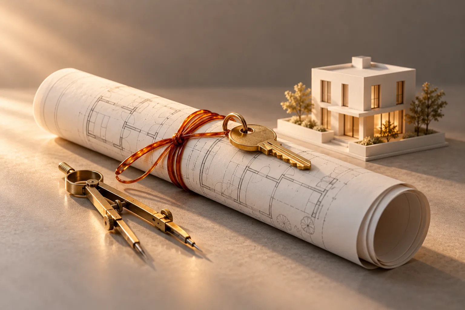 Architectural blueprint with a brass key and a modern house model for property marketing