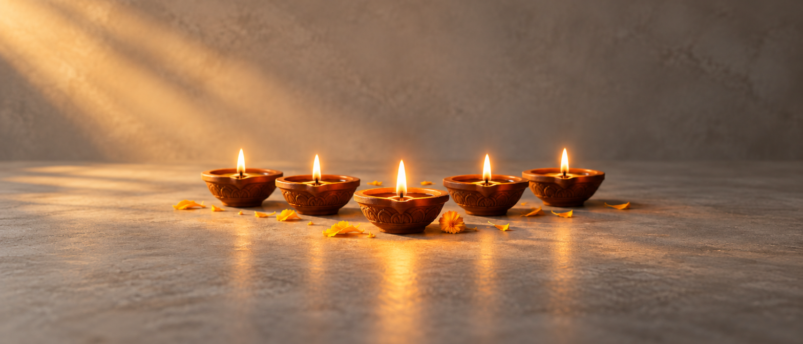 A neat row of small lit clay diyas on a stone surface, one diya slightly forward and glowing brighter, a few marigold petals scattered nearby