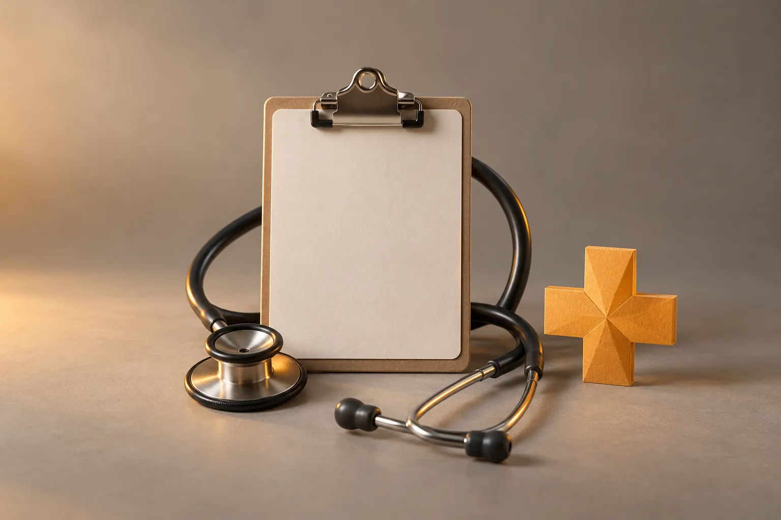 A stethoscope coiled around a small clipboard beside a folded paper medical cross on a clean surface