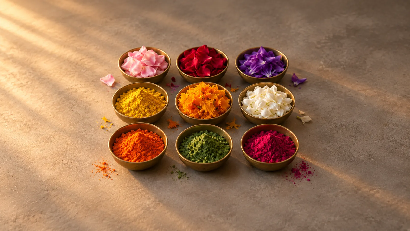Colourful flower petals and pigments in brass bowls for Navratri