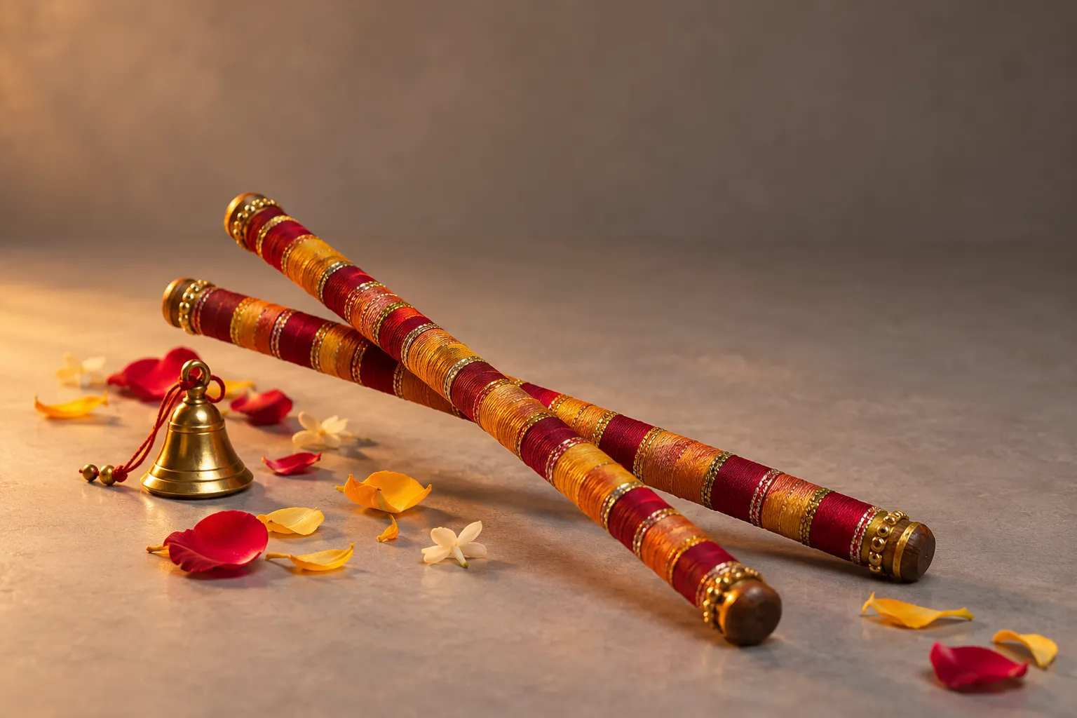 Festive dandiya sticks and a brass bell for Navratri festive content