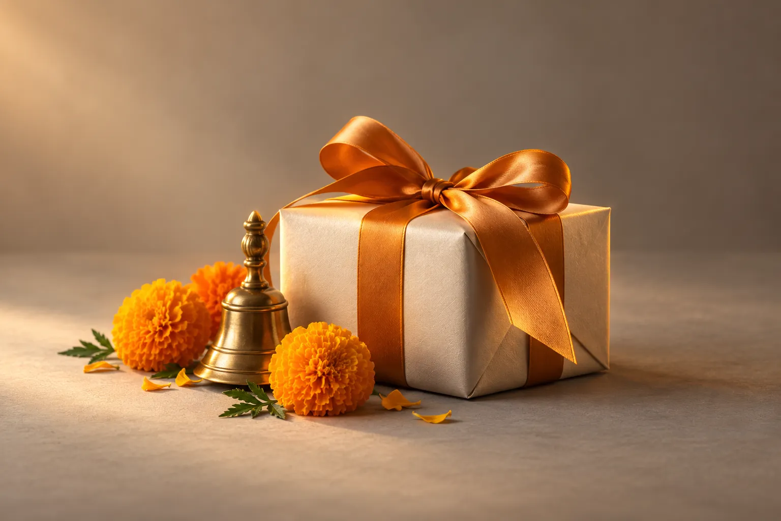 Festive gift with marigolds and a brass bell for a Diwali sale marketing checklist