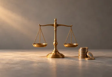 A polished brass balance scale, perfectly level, with a stack of Indian rupee coins on one side, symbolising price balanced against value