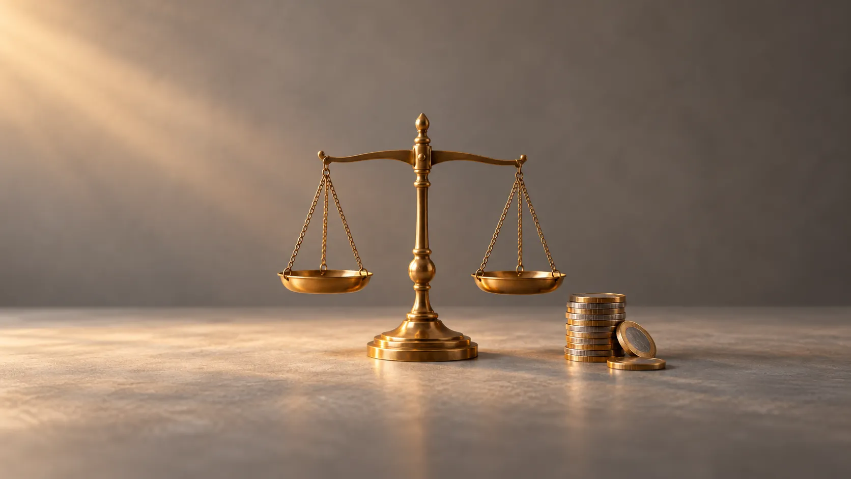 A polished brass balance scale, perfectly level, with a stack of Indian rupee coins on one side, symbolising price balanced against value