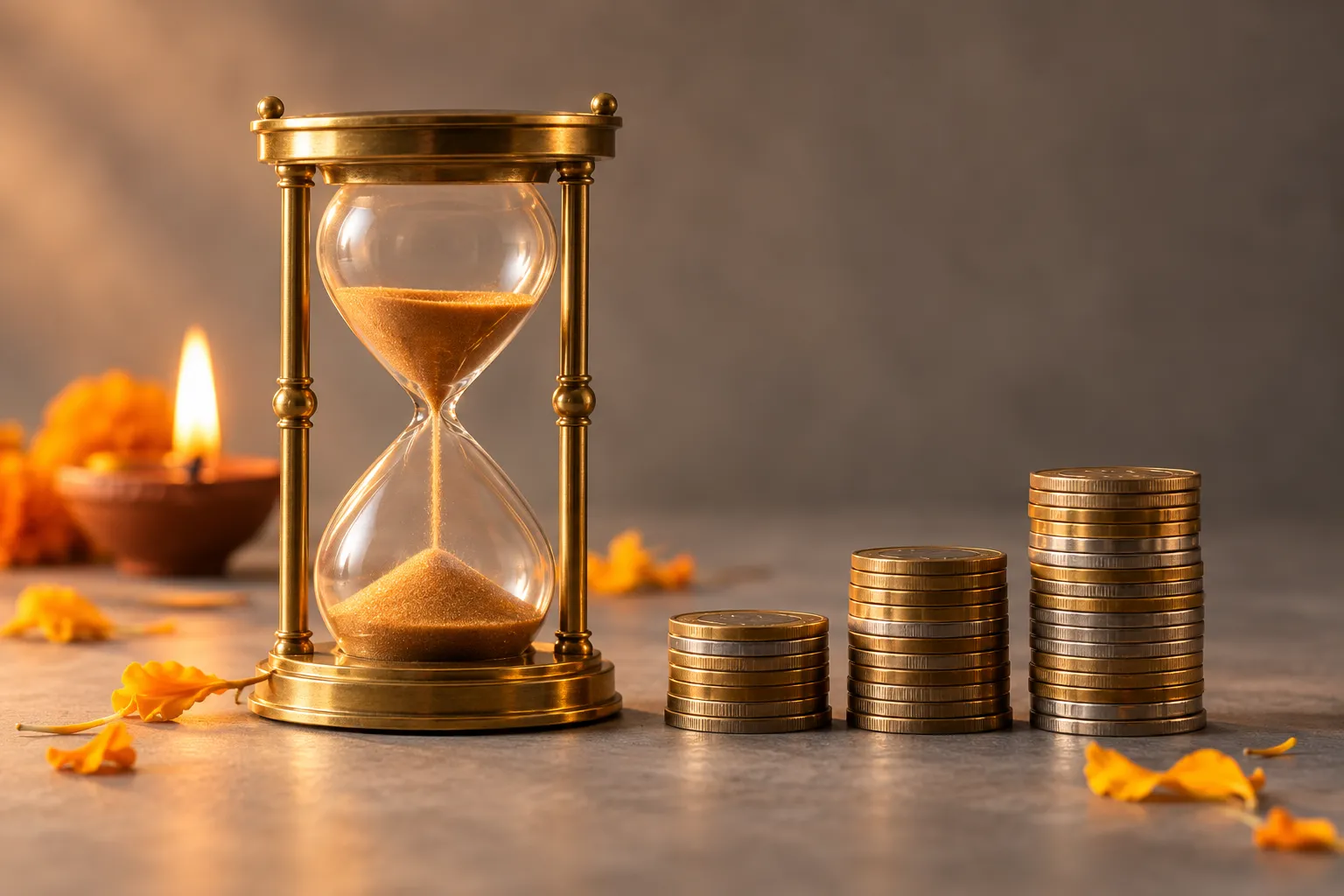 A small brass hourglass with amber sand beside three stacks of Indian rupee coins of increasing height, with marigold petals and a lit clay diya in the background
