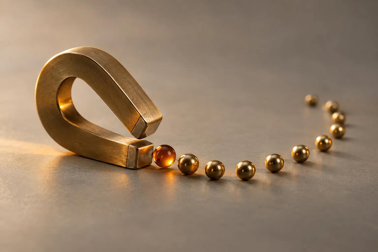 Golden magnet pulling a trail of amber beads back, showing how remarketing ads bring visitors back