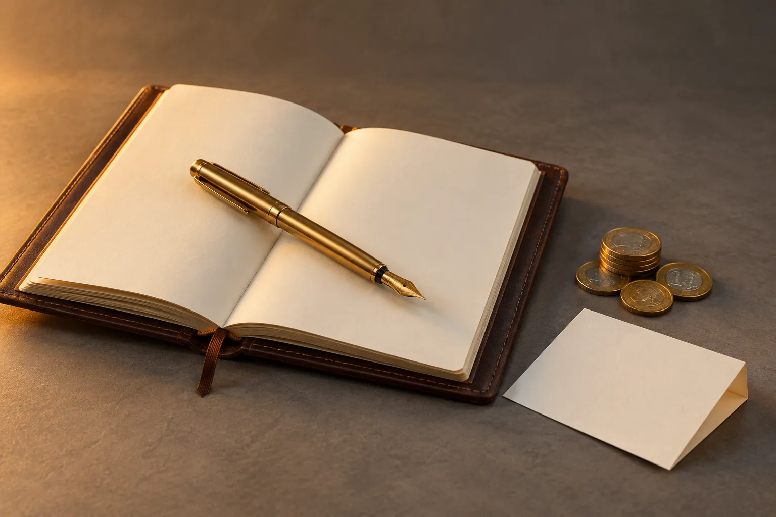 A brass fountain pen resting on a blank leather-bound journal, suggesting careful budgeting and clear pricing