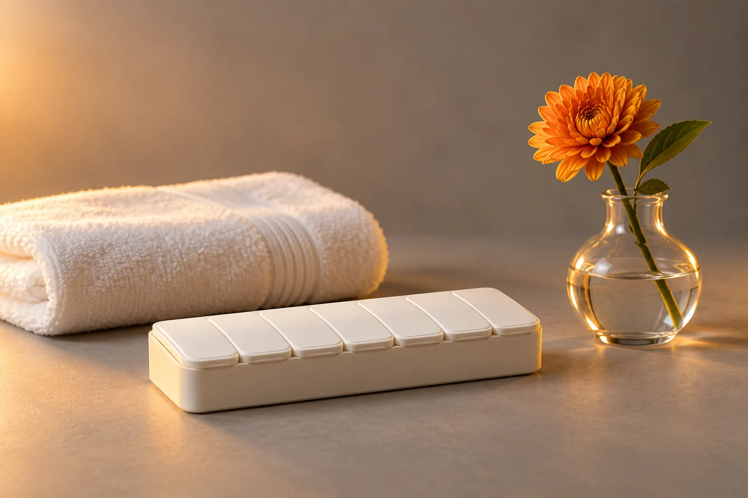 A calm wellness still life with a ceramic pill organiser, a folded white towel and a single amber flower