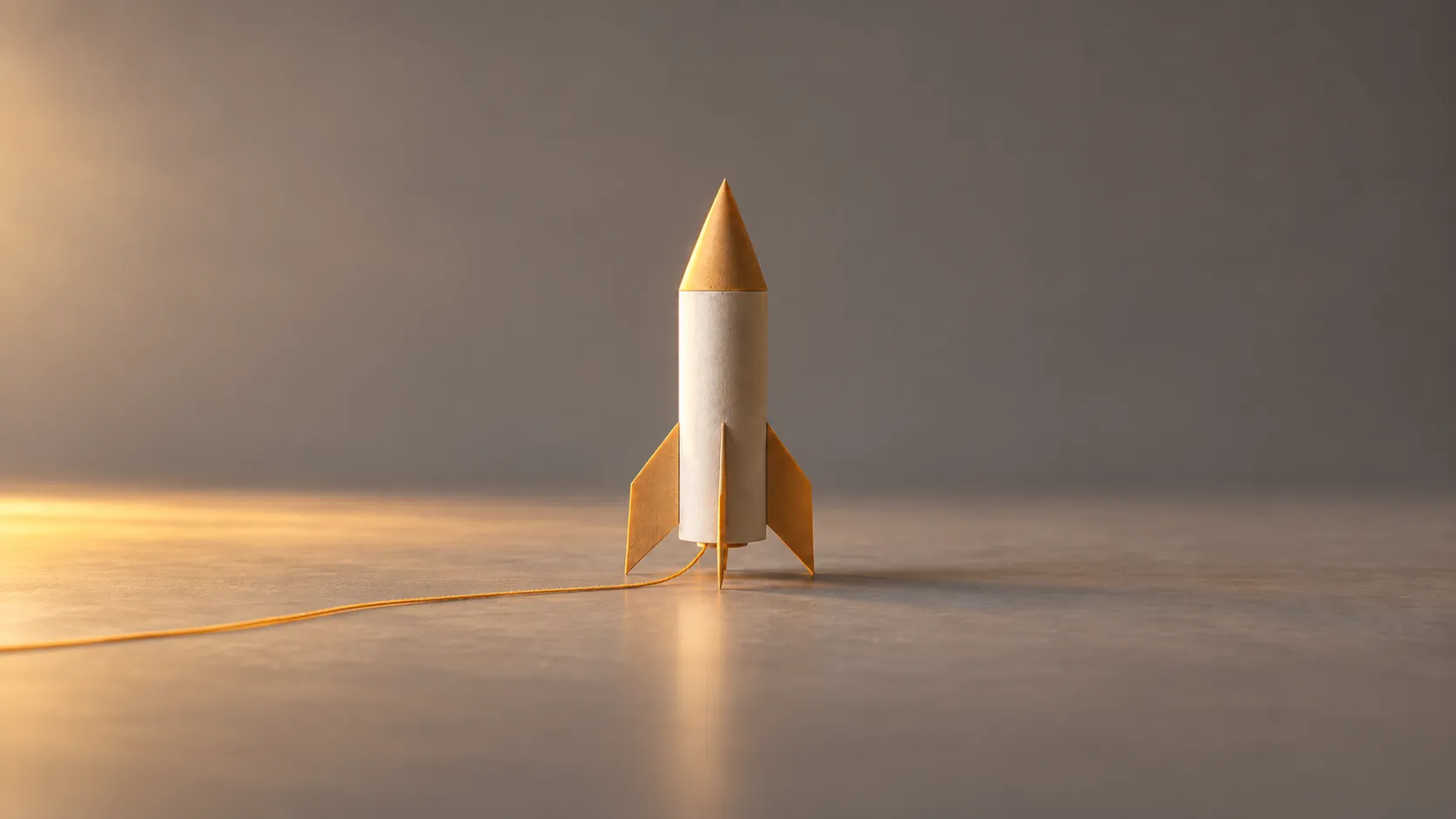 Minimalist paper rocket in warm light for a SaaS launch playbook