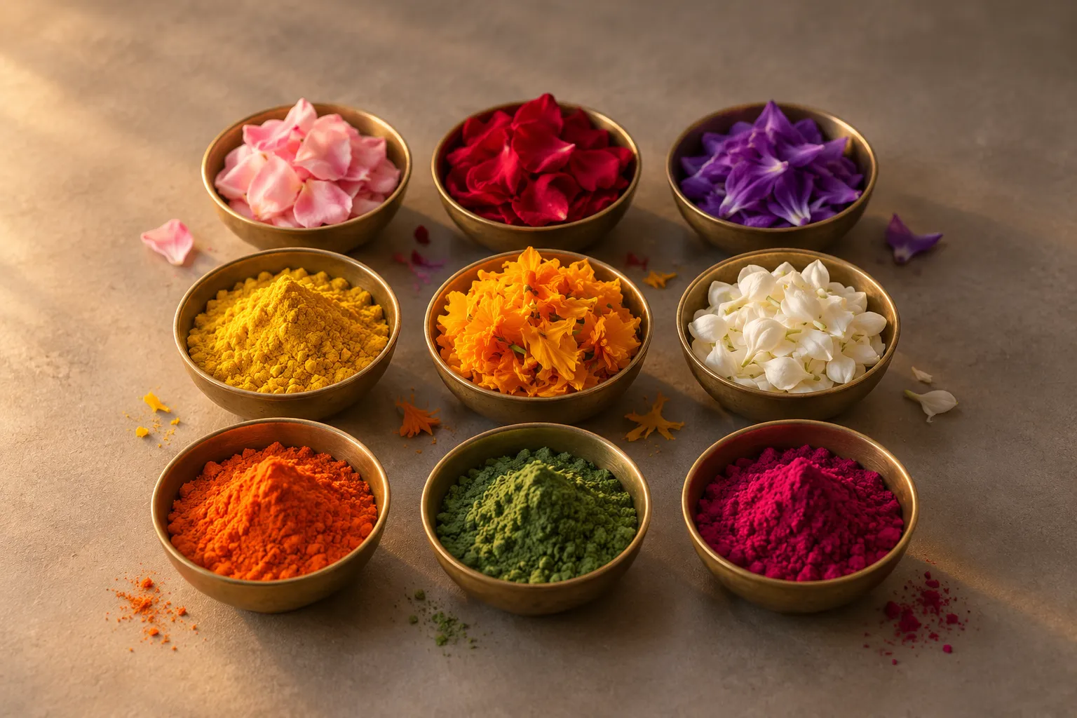 Rustic bowls of colourful flower petals and powders for Navratri social media post ideas