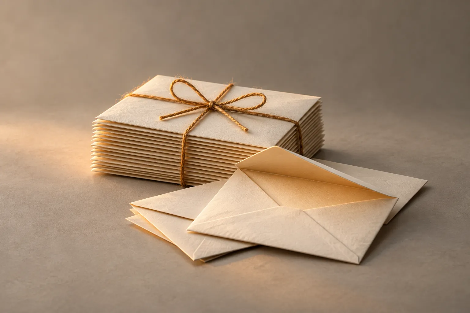 Twine-bound cream envelopes representing WhatsApp marketing broadcasts for small businesses