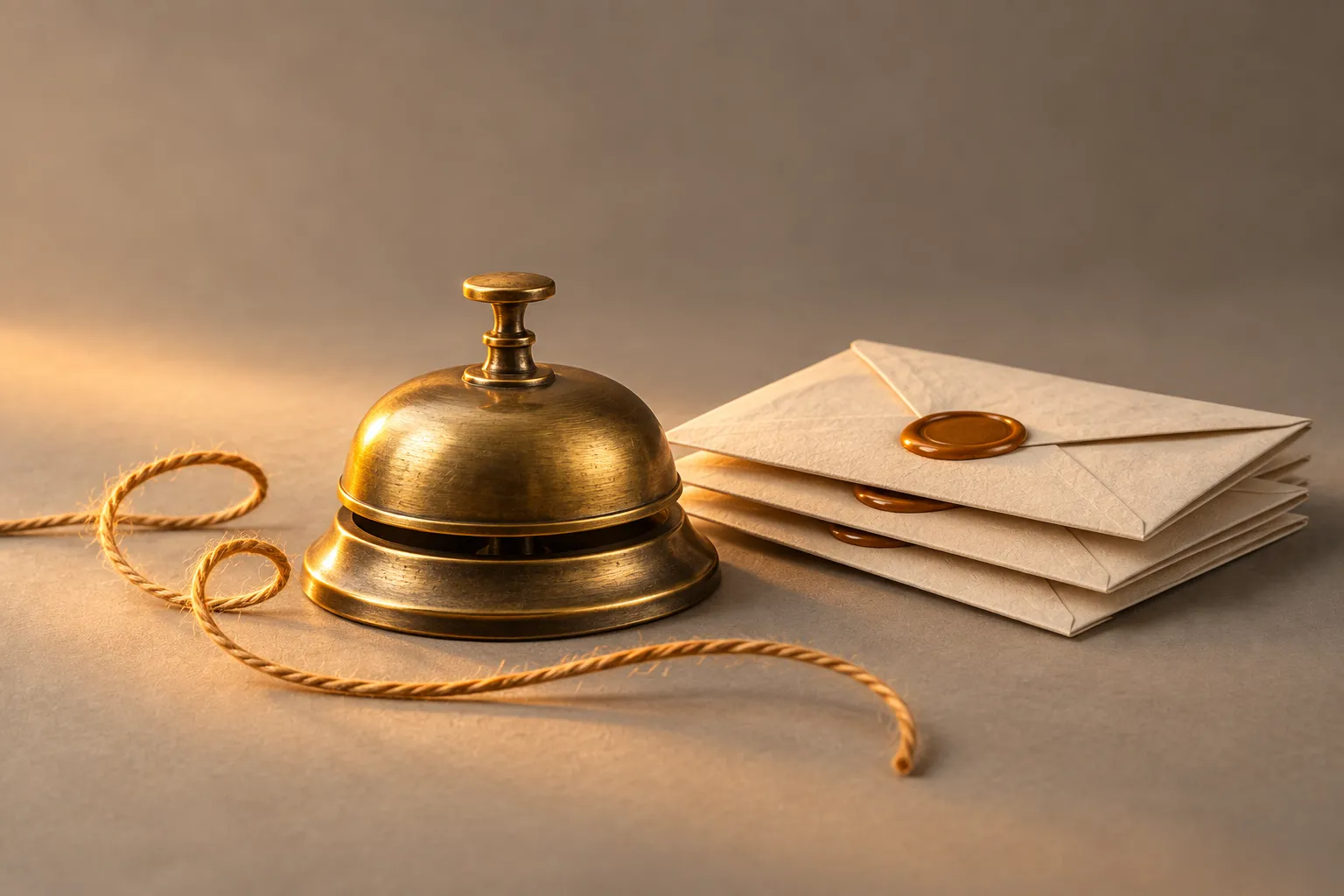 Vintage brass bell and sealed envelopes representing WhatsApp quick replies and customer messages