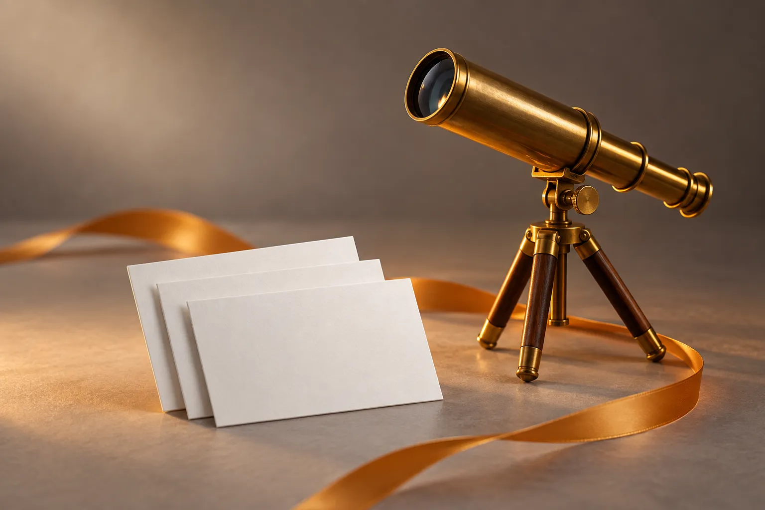 Vintage telescope with cards and a golden ribbon for SaaS pre-launch marketing planning