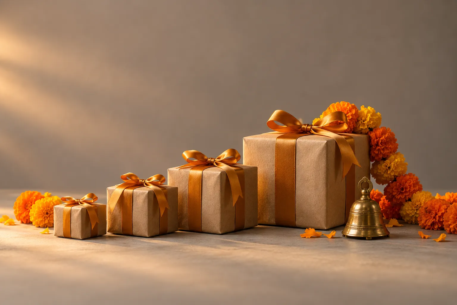 Warm festive gifts with marigolds and a bell for Dussehra to Diwali online store promotions