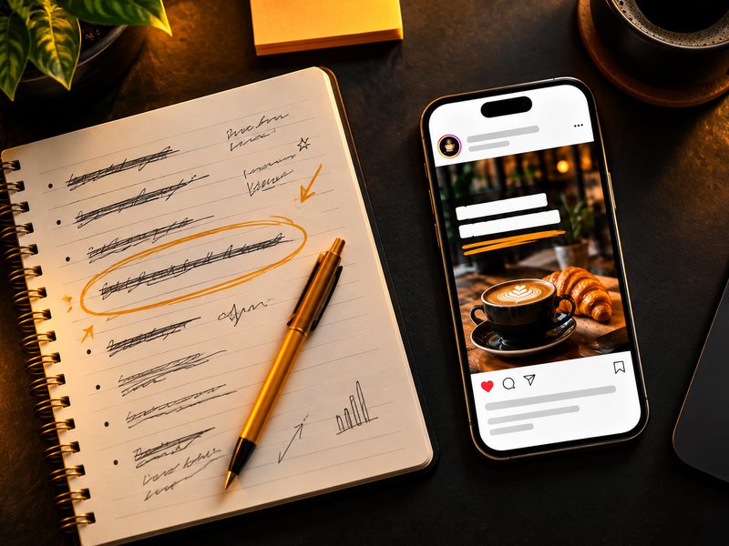 Ad headline drafts next to a finished social media ad