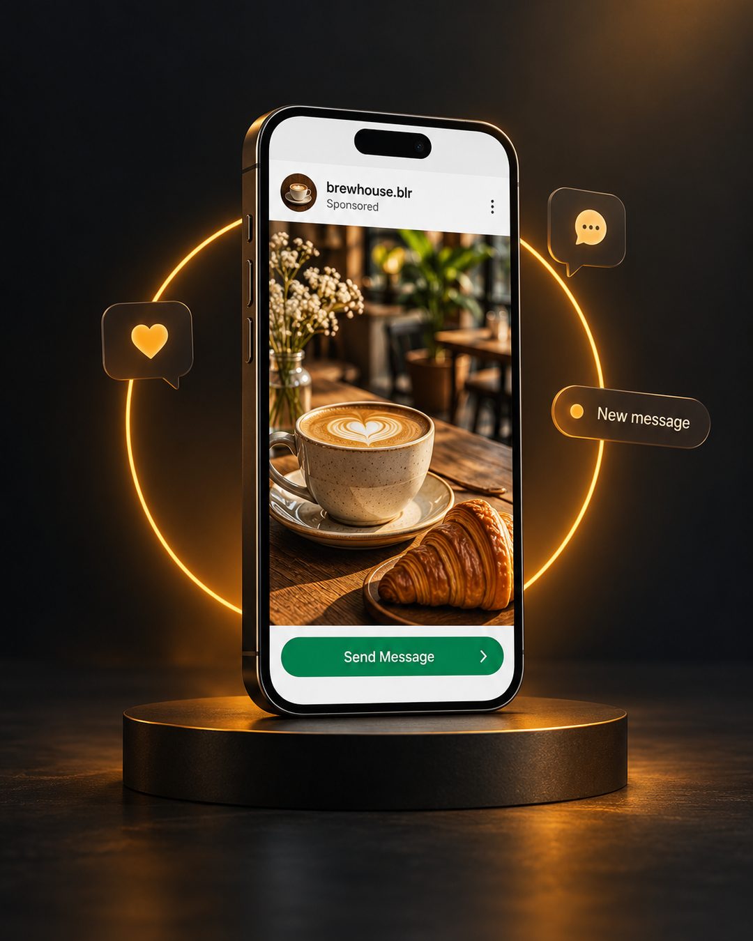 Phone showing a sponsored café ad that brings WhatsApp enquiries