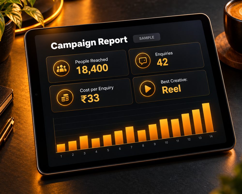 Sample campaign report showing reach, enquiries and cost per enquiry